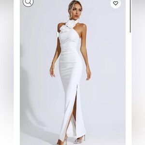 White Floral Halter Maxi Dress with High Side Slit